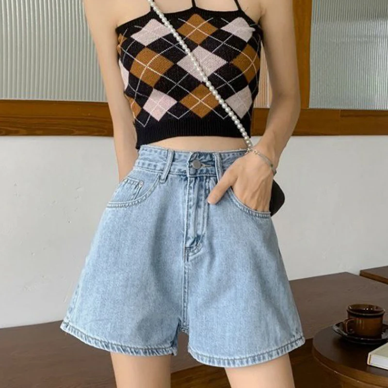 Femmes été large Led Denim Shorts 2025 nouveau taille haute minceur lavé Jean Shorts coréen Simple polyvalent a-ligne pantalons chauds