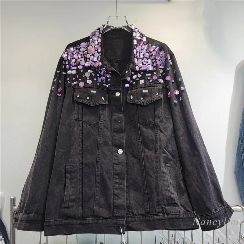 

2024 New Light Luxury Purple Rhinestone Denim Jacket Women's All-Matching Western Style Black Jean Coats Temperament Black Coat