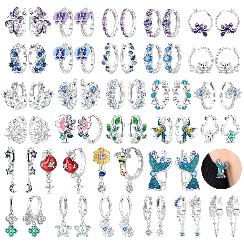 Pendientes Huggie Originales Plateados en Plata con Circonitas de Colores, Diseño de Sirena, Abeja, Gato, Estrella y Luna, para Mujer, Regalo de Joyería Fina Delicada para Aniversario