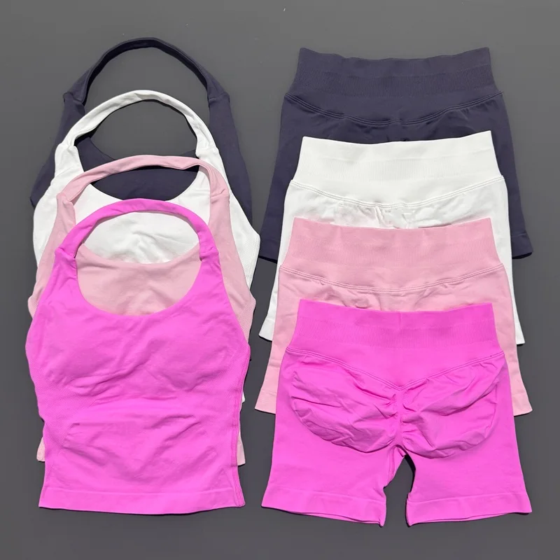 2 Peice Histello Sports Set Women Seamless Halter Top Longline Strappy Padded Scrunch Shorts Set Yoga Suit Gym Workout Sets image 2