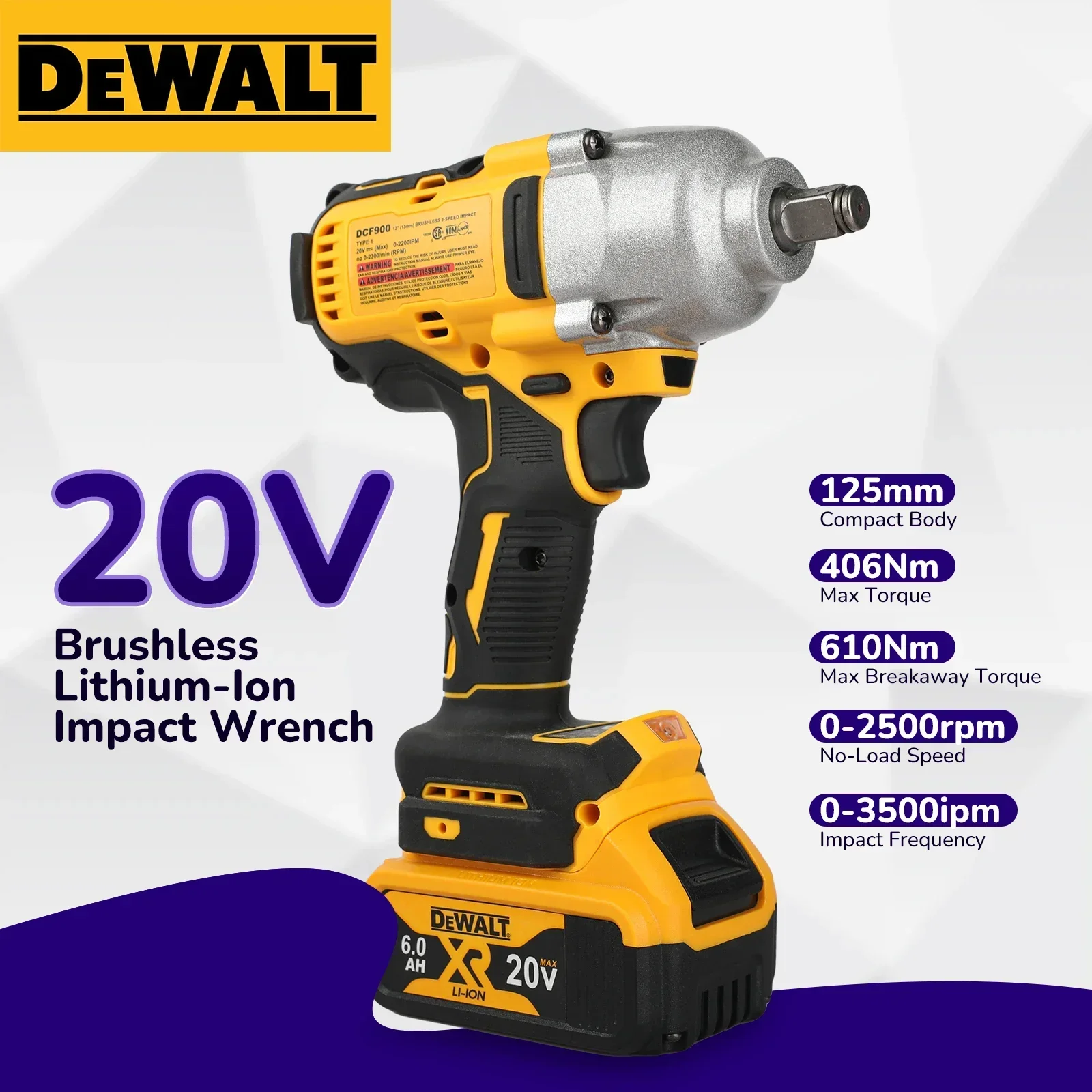 DeWalt DCF900 20V 무브러시 고토크 무선 임팩트 렌치, 내구성이 뛰어난 본체만 제공, 기계 수리 및 볼트 분해 작업에 적합