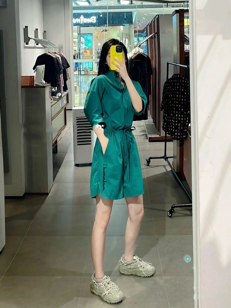 

Cute Hong Kong Sle Retro Workwear ort Sve Ne Overall Pants Women Loose Thin Waist Inward Straight Leg ...