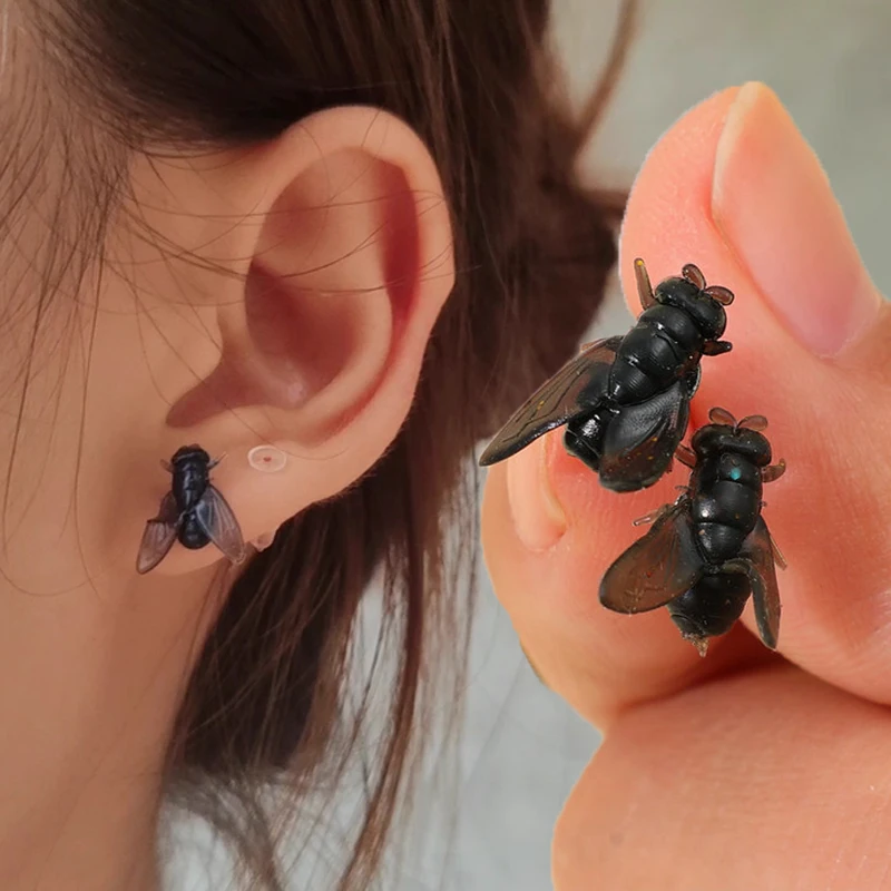 Simulation Mini Personalized Black Fly Earring Prank Simulated Animal Studs Funny Novelty Abstract Gift Jewelry for Halloween