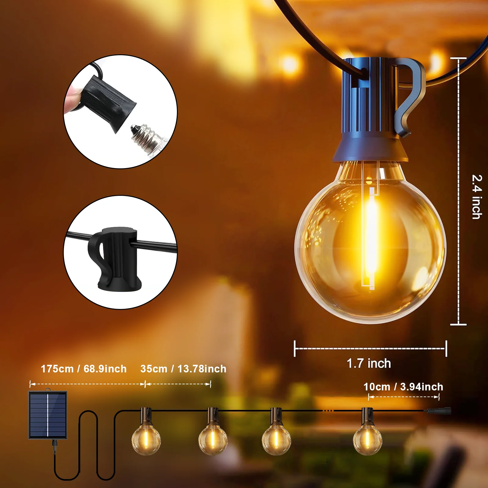 Solar-LED-Lichterkette für den Außenbereich mit Fernbedienung - Dimmbare G40 Laternenlampen, wasserdicht, 8 Modi, Solar L – Detail 4