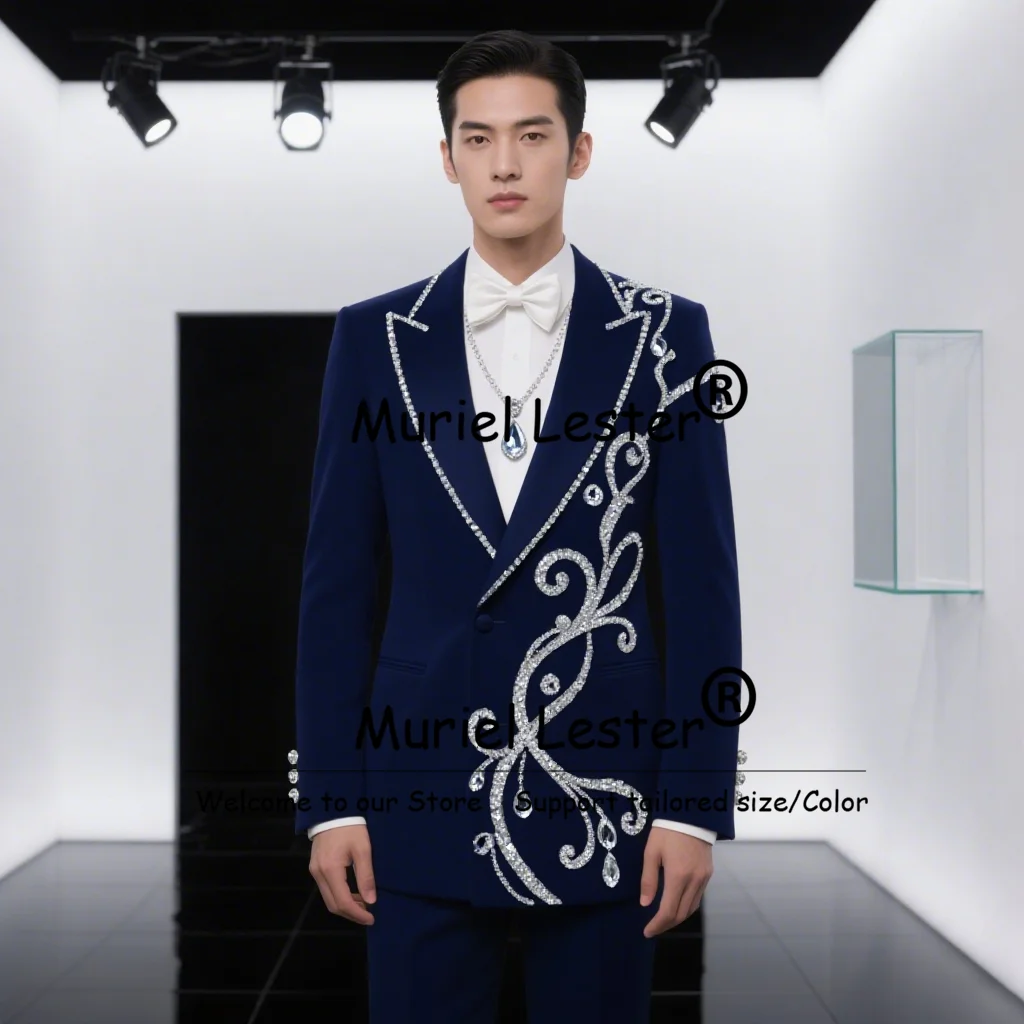 فاخر بلورات مطرز البحرية الدعاوى الرجال لحفل الزفاف مخصص 2 قطعة مزدوجة الصدر سترة السراويل العريس حفلة البدلات الرسمية سليم صالح