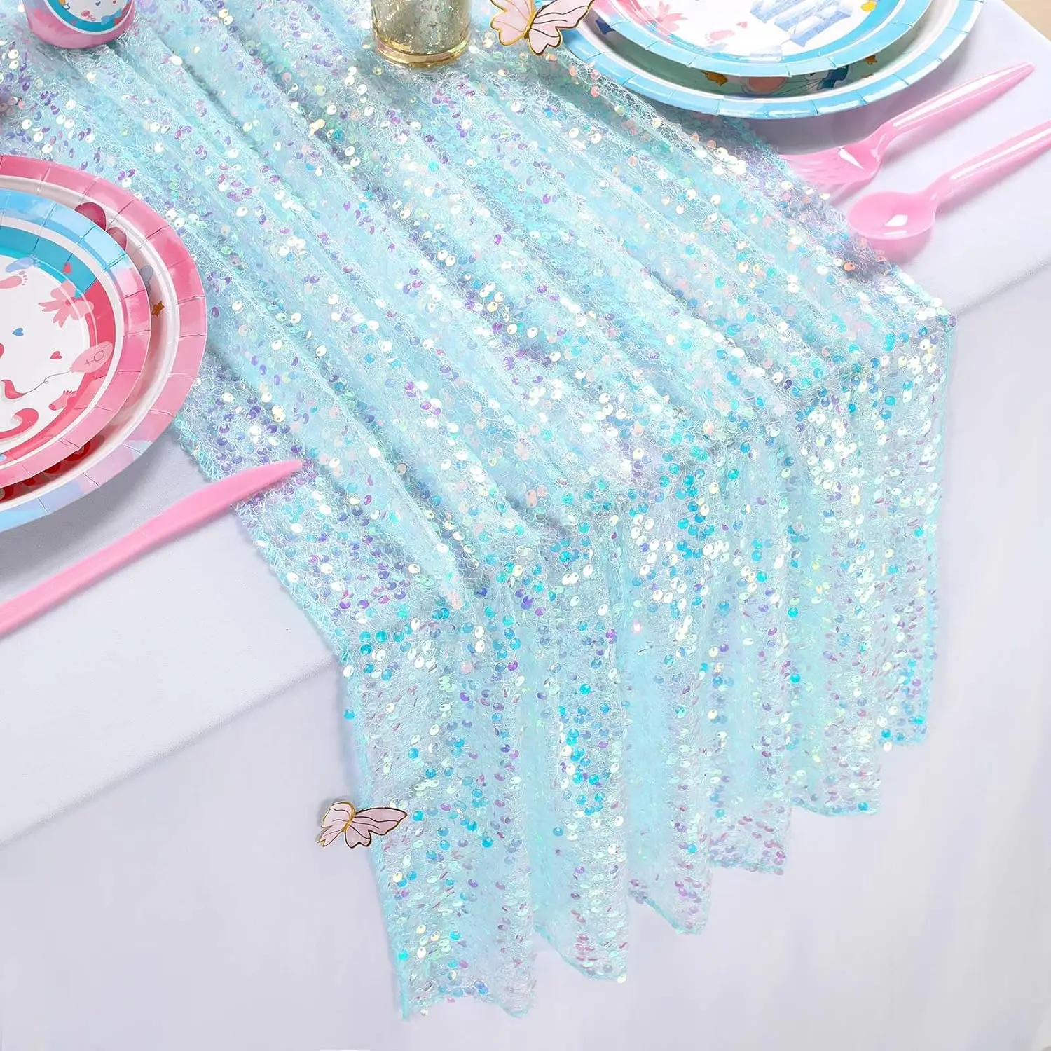 Sequin Table  Light Blue Table Runner 25X120inch 3 Packs Elegant Table Runners for Wedding Birthday Party Ceremony