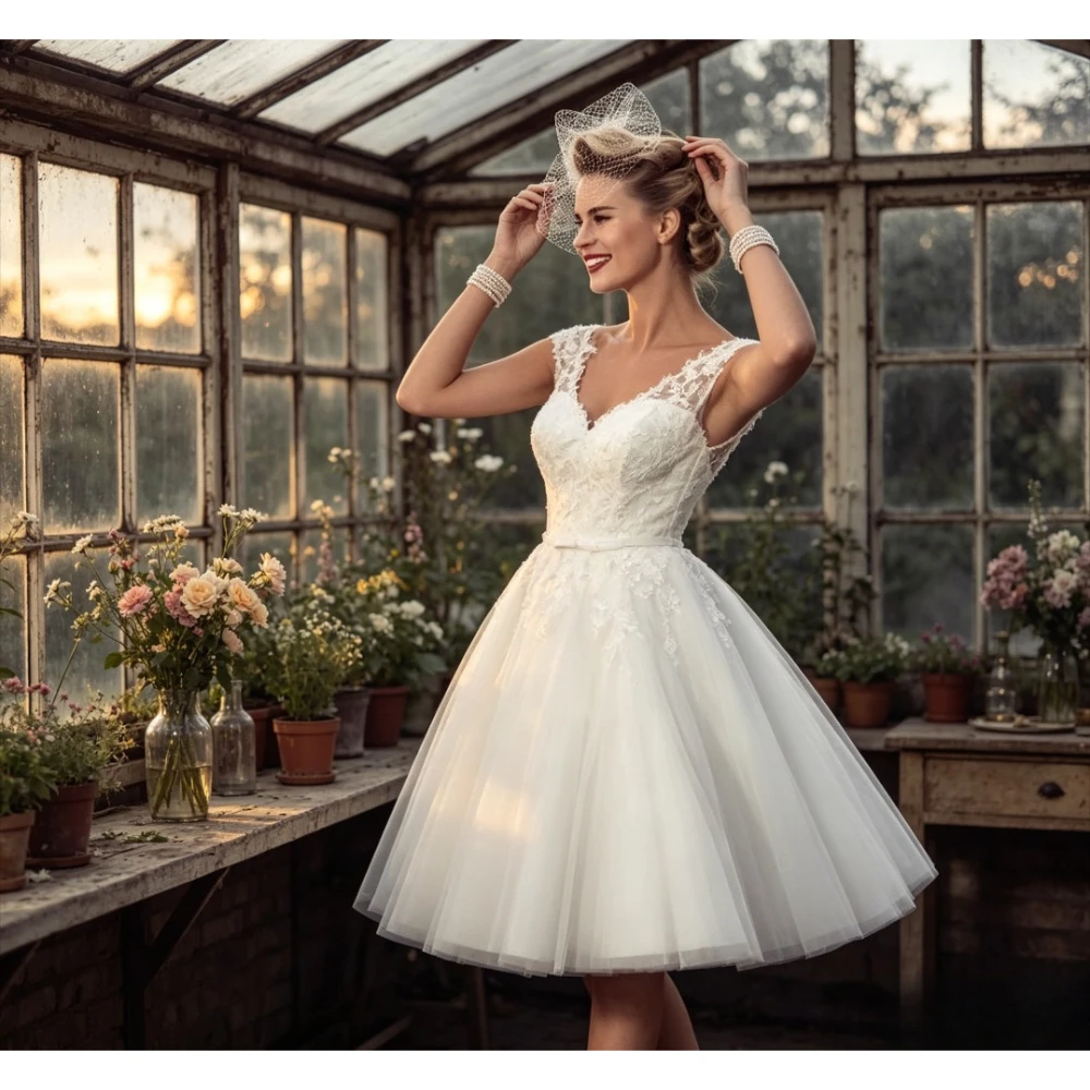 Customized Vintage V-neck Lace Wide Suspender Mini Wedding Dresses Sheer Applique A-line Bridal Gown with Backless Pearl Details