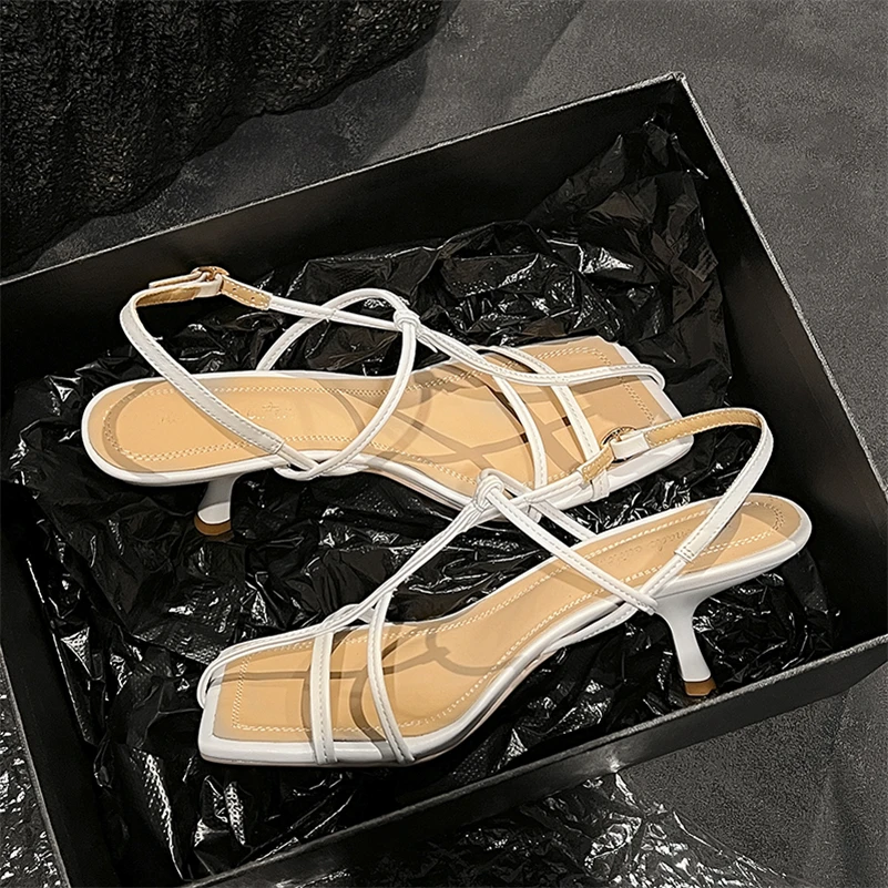 Meotina Women Genuine Leather Sandals Square Toe Thick High Heels Buckle T-Tied Narrow Band Ladies Fashion Shoes Summer Beige 40