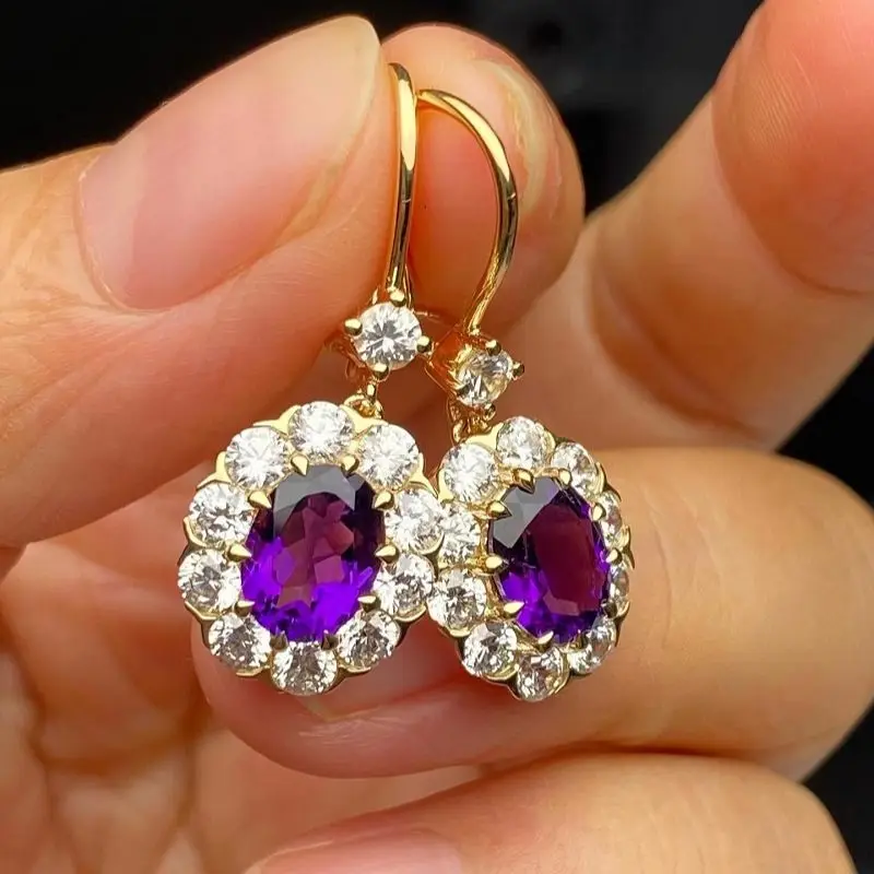 

New Fashion 18K Yellow Gold Earrings Setting Natual Amethyst/Garnet Gemstone Jewelry Women Wedding Birthday Party Gifts