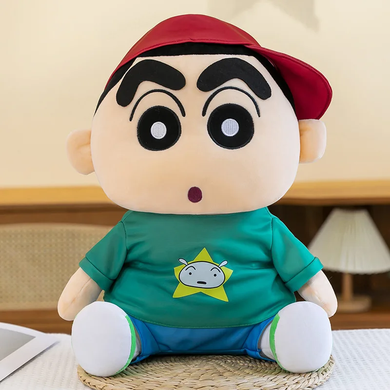 65cm Kawaii Crayon Shinchan juguete de peluche con capucha Shinchan muñeco de peluche Linda figura de Anime para niños cumpleaños regalo de Navidad tamaño grande