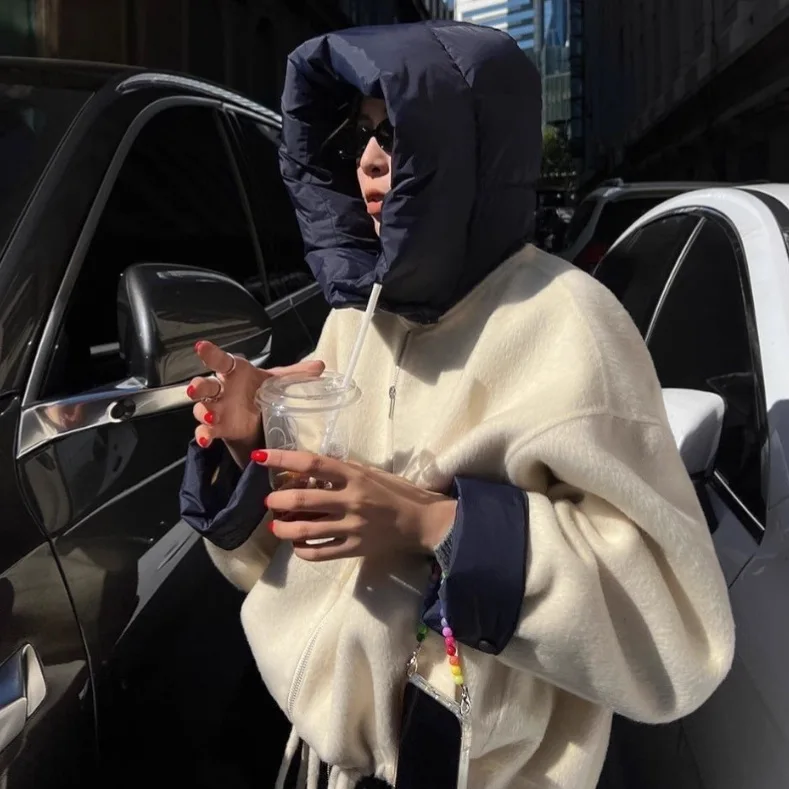 Solid Wool Coat Women Casual Hooded Y2k Loose Zipper Blends Cardigan Full Sleeved Thick Warm Outwear Jackets Autumn Winter