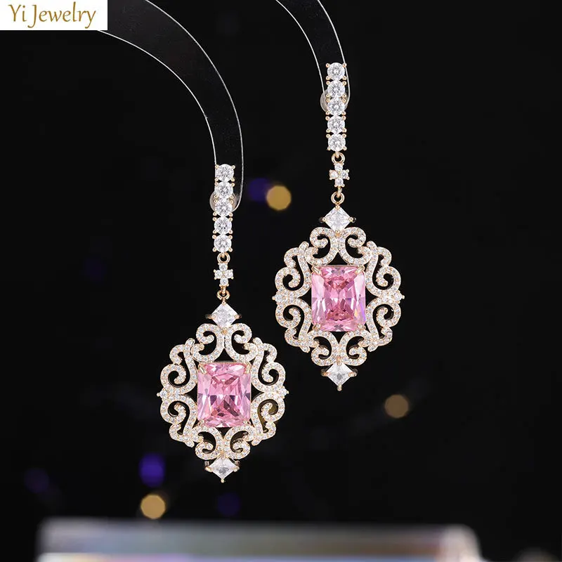 

Luxury Jewelry Dangle Earrings for Women Shiny Zircon White Pink Block Drop Earrings Wedding Evening Party Female Gift