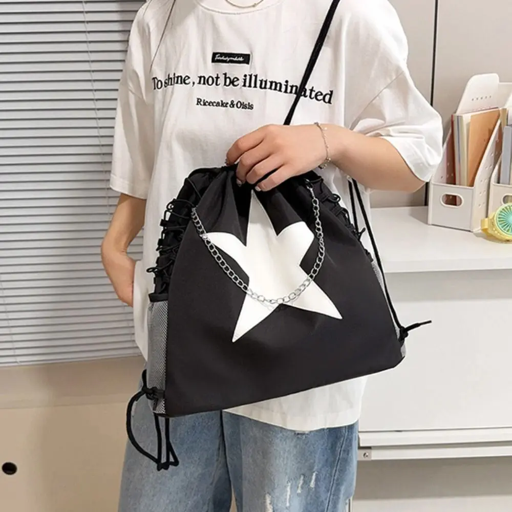 Trendy Solid Color Star Drawstring Backpacks Harajuku Style Y2k Nylon Backpacks Casual Korean Student Schoolbag Travel