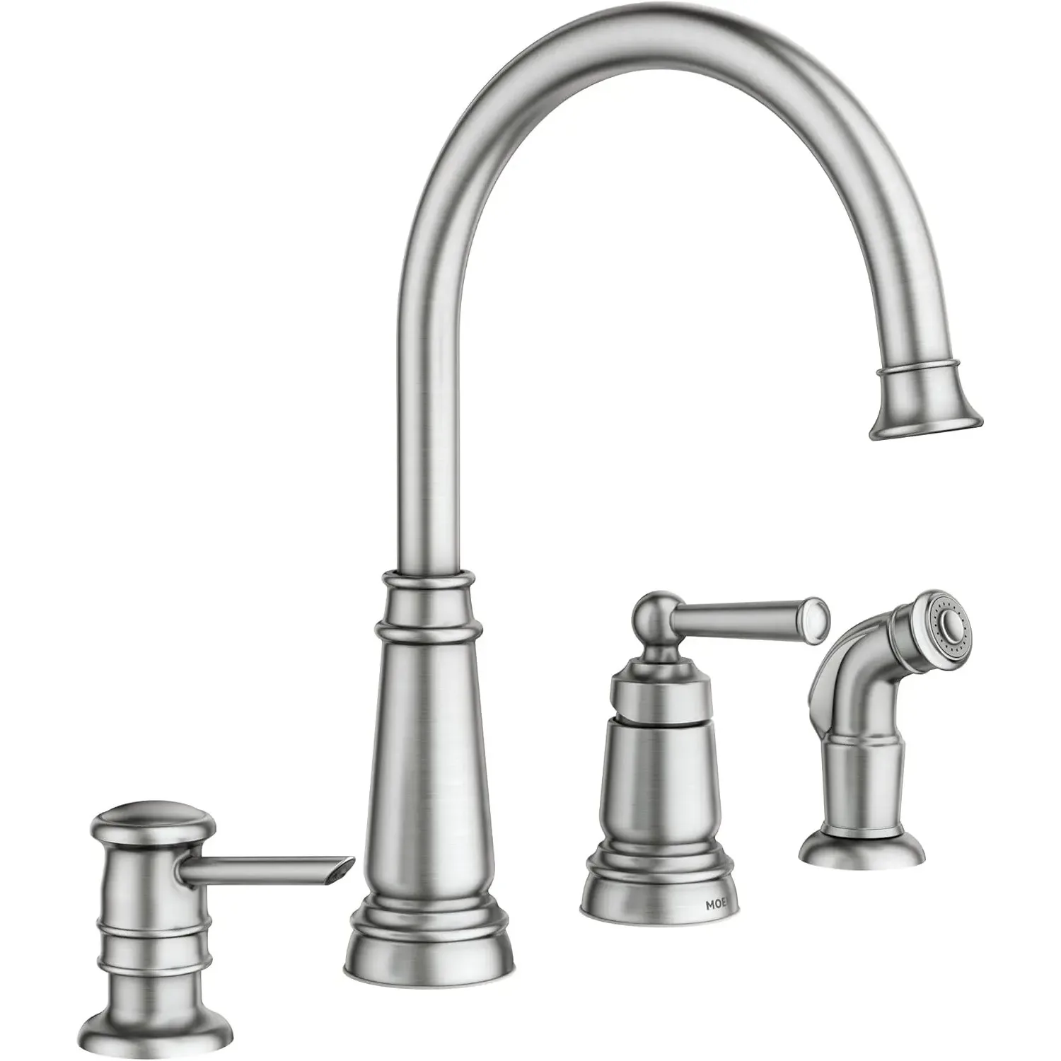 Spot Resist Stainless One-Handle High Arc 4-hole Kitchen Faucet with Side Sprayer and Soap Dispenser, 87042SRS