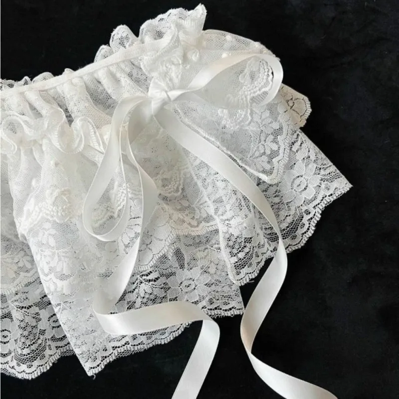 ホワイトレースメッシュペプラムスカート夏の女性用ジーンズ装飾女性用Y2K韓国レースミニレイヤードスカート