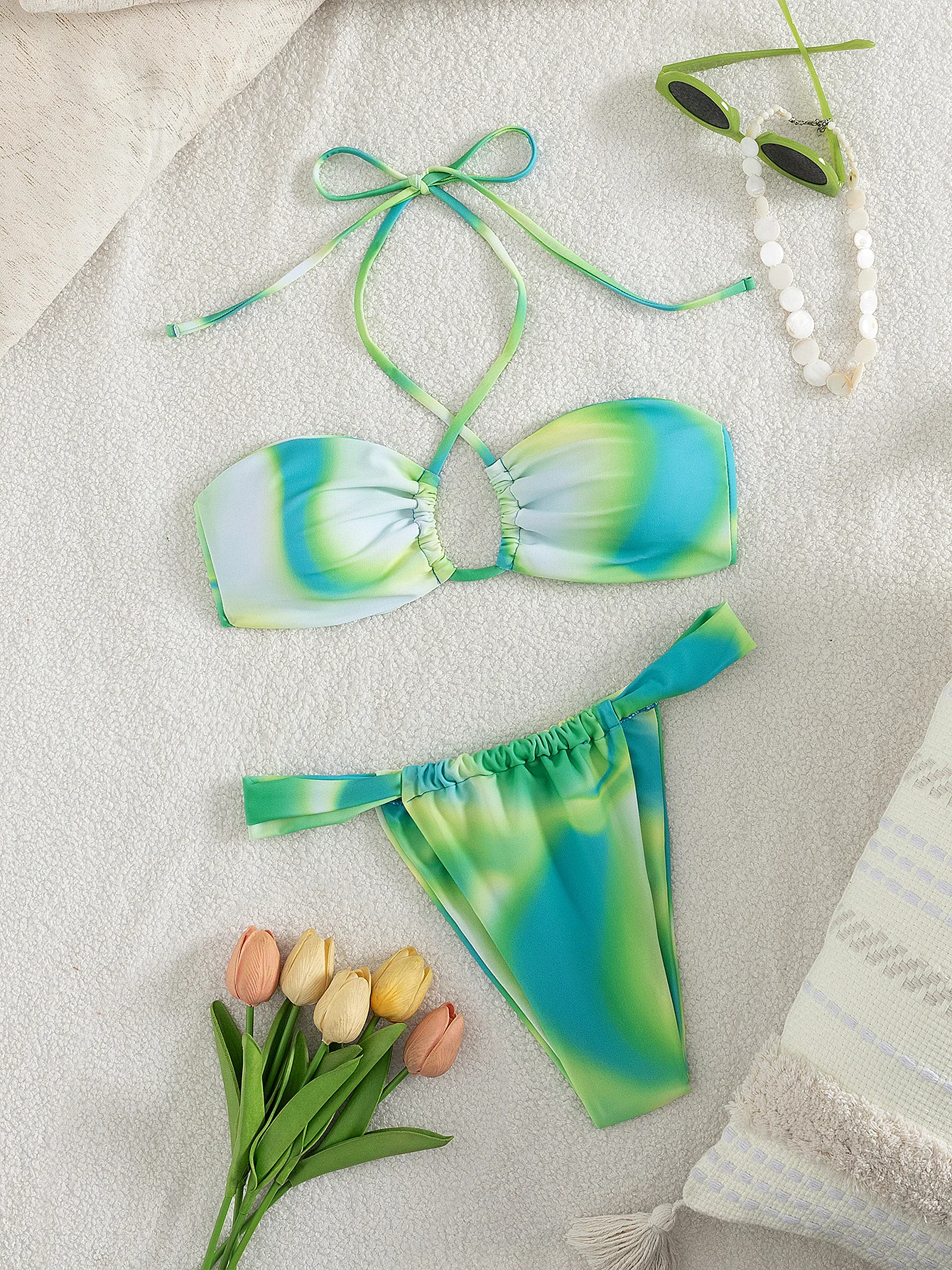 Conjunto de bikini sexy con estampado teñido anudado verde, correas ajustables, perfecto para ropa de playa de verano, fiestas en la piscina, ocasiones especiales, escapada de verano