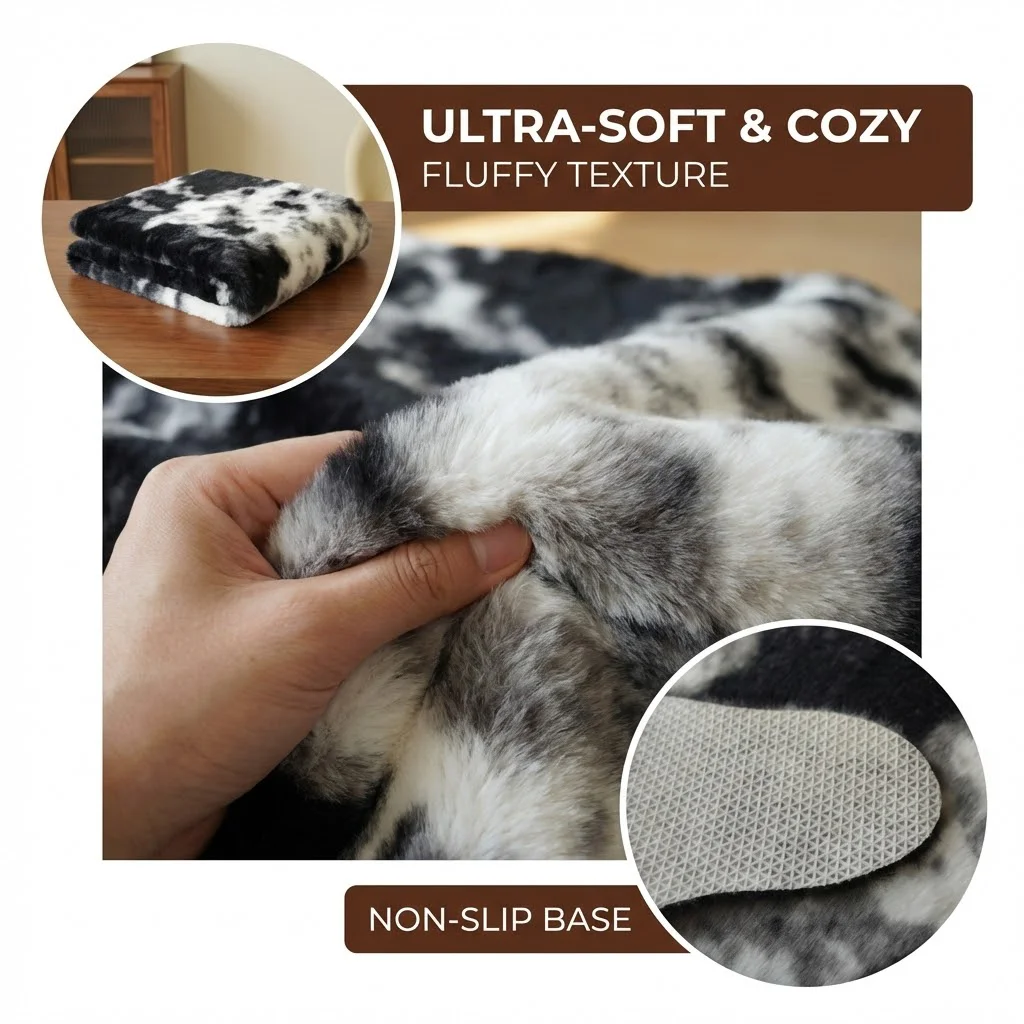 Faux Cowhide Fur Area Rug for Living Room Bedroom, Soft Plush Carpet Non-Slip TPR Backing, Skin-Friendly Velvet Touch Floor Mat
