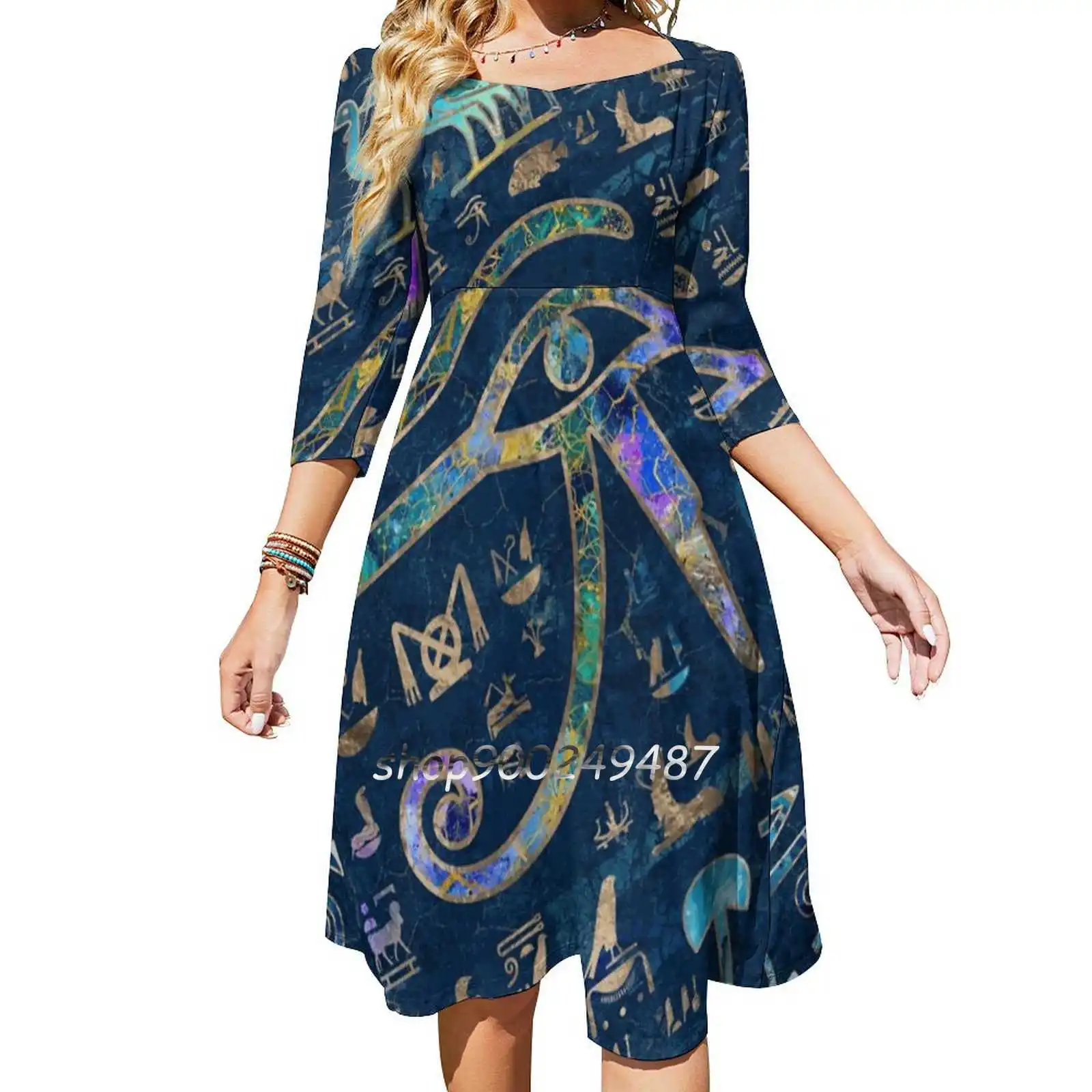 Egyptian Hieroglyphs Mixed Texure Abstract Flare Dress Square Neck Dress Elegant Female Fashion Printed Dress Egypt Egyptian