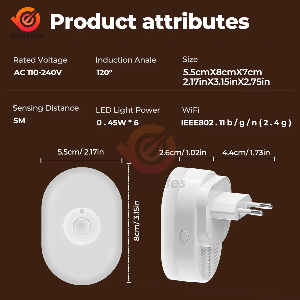 Wi-Fi Smart Led Night Light PIR Датчик движения ЕС Великобритания Подключаемый настенный светильник Теплый белый RGB Приложение для комнаты Голос для Alexa Google Home