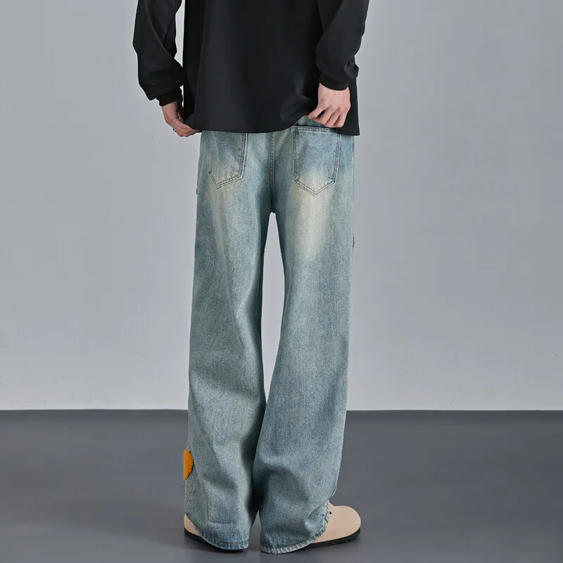 Design sense flower embroidery wash jeans men's spring straight pants couple loose American pants