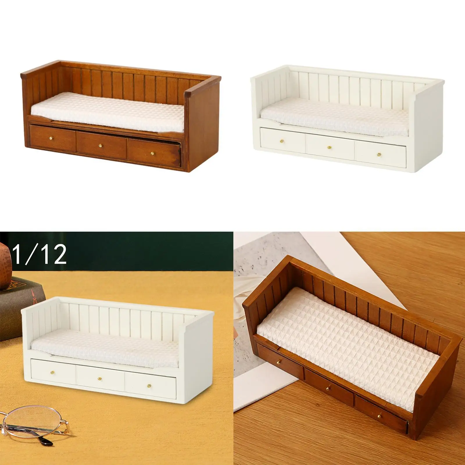 1:12 miniatuurbed met matras Klein bed met opberglade Miniatuurmeubelkamer voor meubels