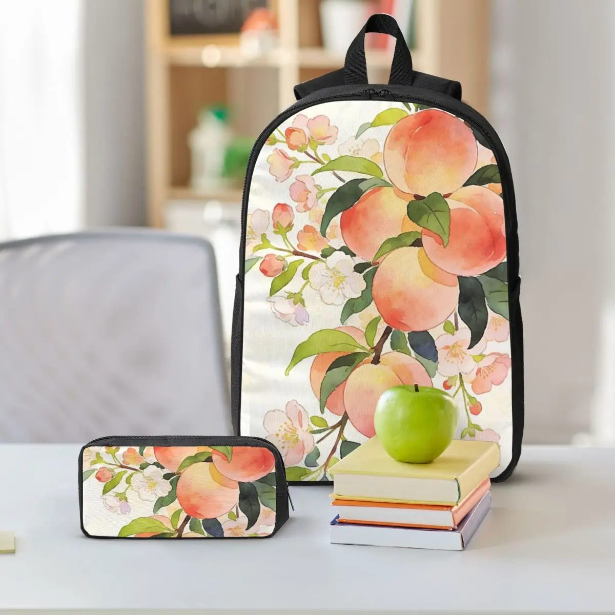 Elegant Floral And Peach Backpack Boys Girls BookBag School Bag Shoulder Bags 3ps Insulated Lunch Bag Pencil Case