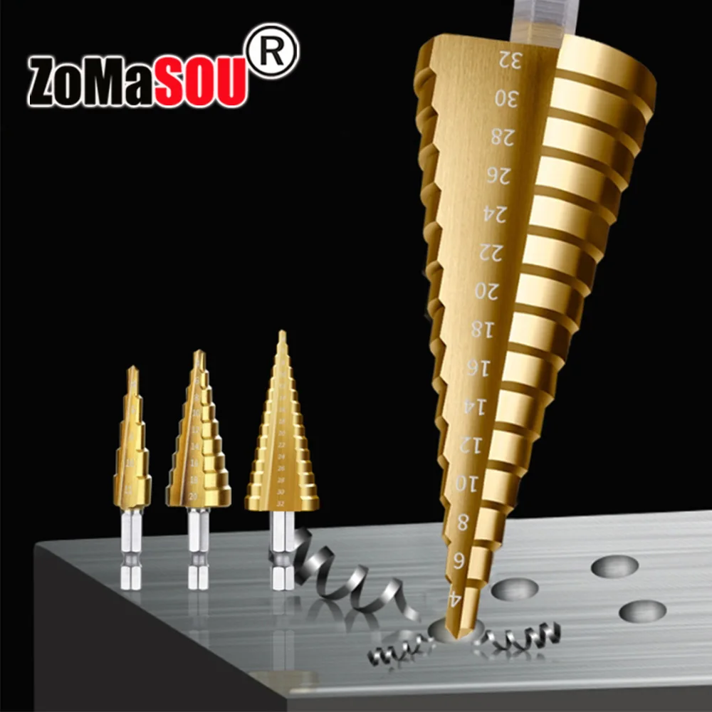 3-12/4-12/4-20/4-32mm HSS Step Drill Titanium Plated Hexagonal Shank Straight Groove Pagoda Drill Drilling Tool Accessory Set