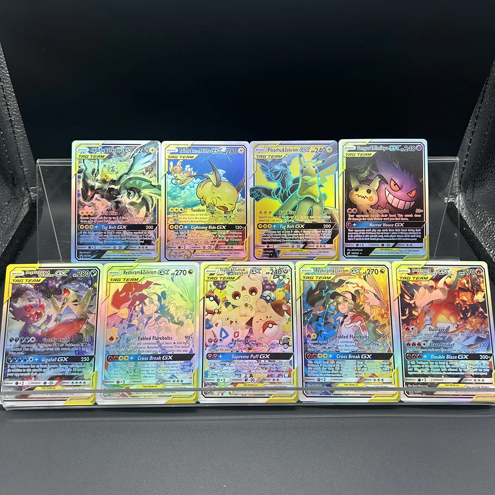 

English Version 9Pcs Anime PTCG Self-Made Color Flash Card Raichu&alonraichu Gengar&mimikyu Gx 165/221 Flash Collecting Card