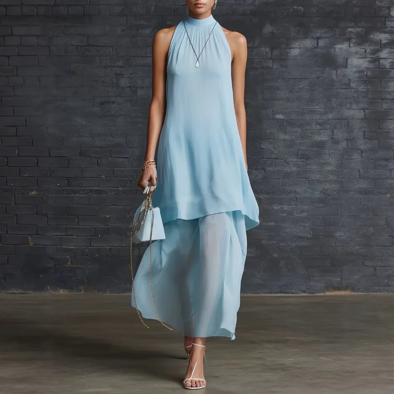 Women Summer Elegant Sleeveless Mock Neck Fake 2 Layer Chiffon Midi Dress EU US Gown