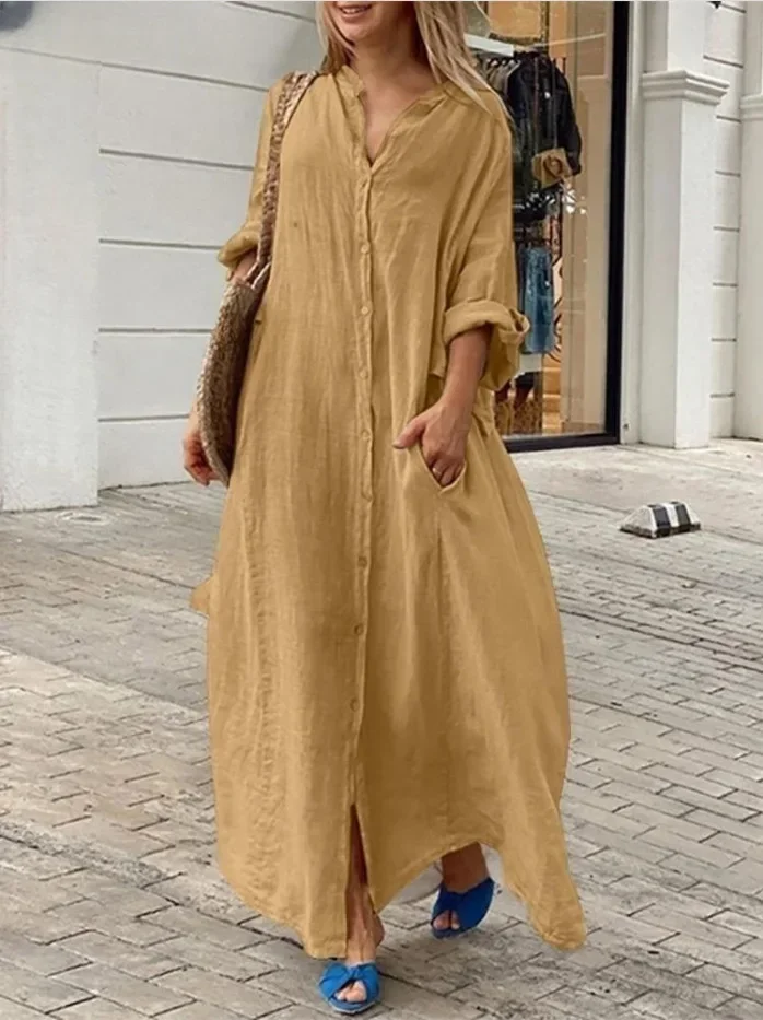 2024 Spring Cotton Linen Oversize Women Dress Long White Button Loose Dresses Female New Casual Trendy Elegant Ladies Clothes