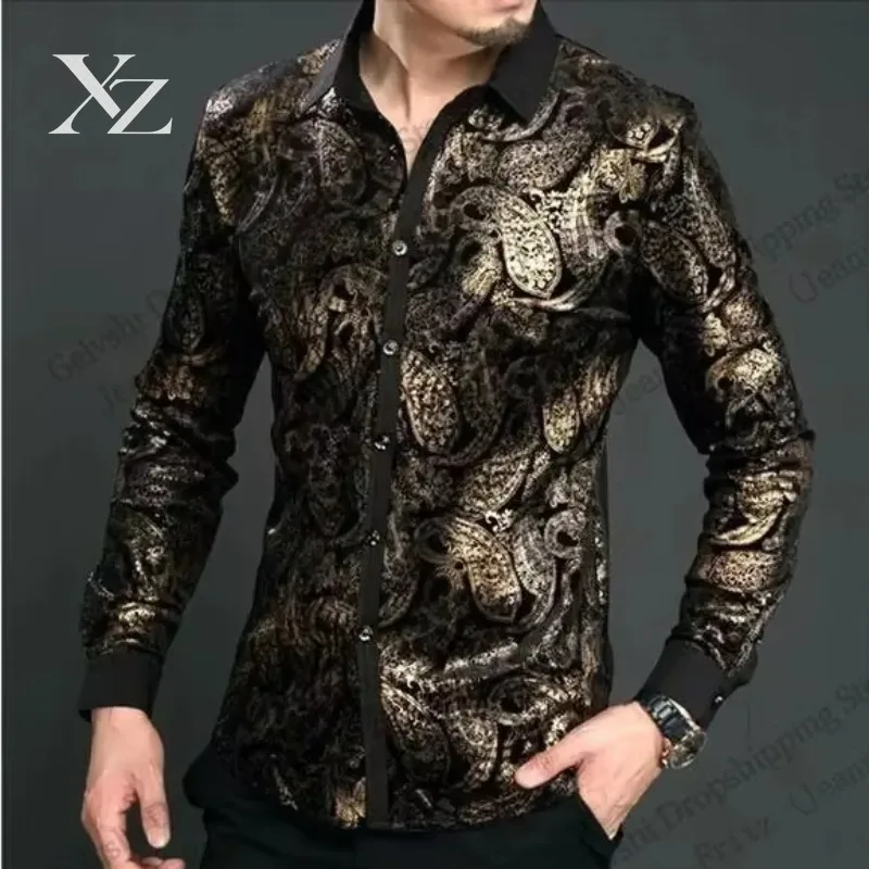 New Mens Luxury Black Golden Plus Size Long Sleeve Shirt Floral Paisley 3d Print Hawaiian Shirt Men Women Fashion Casual Blouse