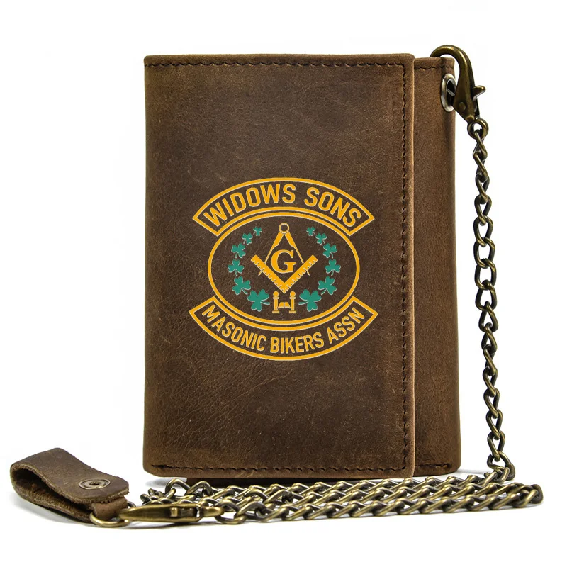 

Luxury Men Genuine Leather Wallet With Iron Chain Widows Sons Masonic Bikers Assn Printing Card Holder Short Purse Key Bag BT091