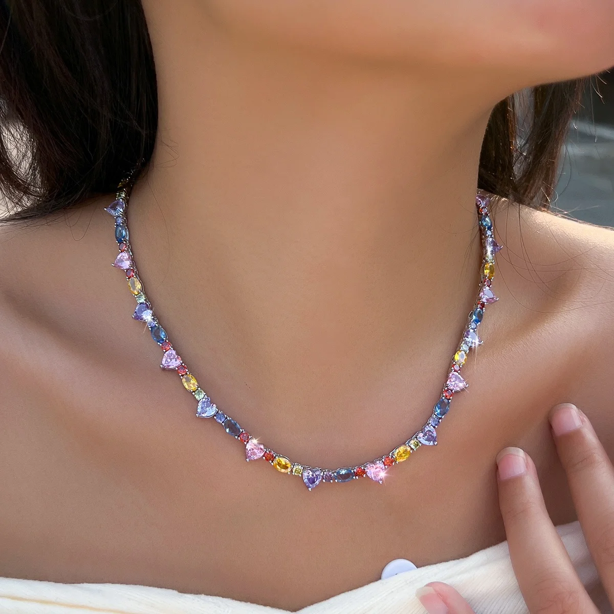 Pera Genuine Top Cubic Zirconia Heart Shape Colorful Rainbow Link Chain Women Choker Necklaces Chic Boho Party Jewelry Gift P054