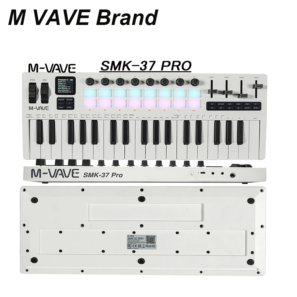 M-VAVE SMK-37 Pro USB-MIDI-Controller mit 37 Tasten und 8 Knöpfen und 16 RGB-Pads unterstützt Software-Betrieb für WINDOWS MAC IOS Android