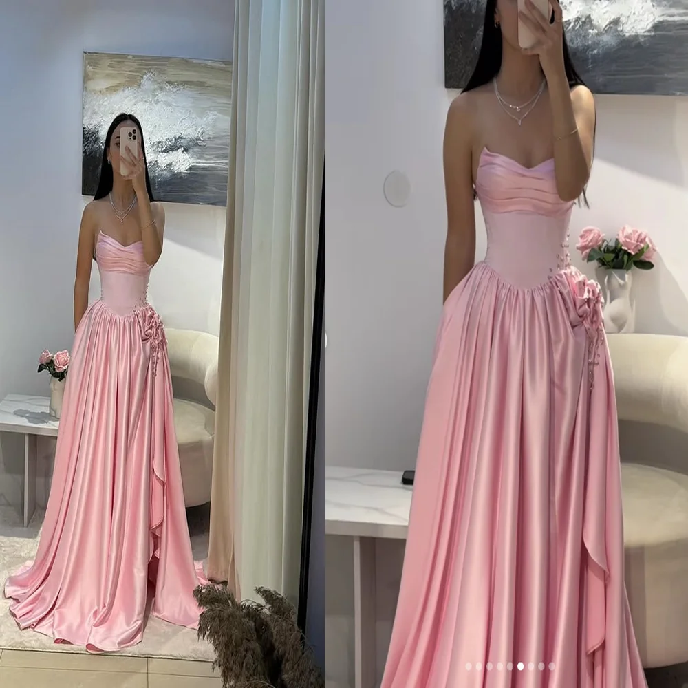 

Princess Sweetheart Collar Satin Pleated Side Slit Evening Gown Backless A-line Prom Dress with Handmade Flowers Custom Made