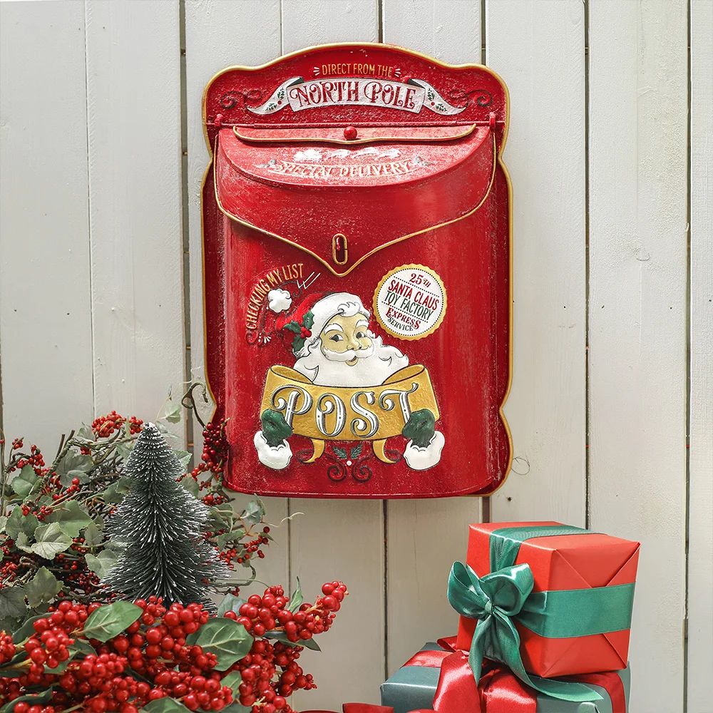 Caja de regalo de Navidad, contenedores montados en la pared de Metal, regalo de hojalata, suministros para fiestas navideñas, tanque de artículos diversos, caja roja hecha a mano