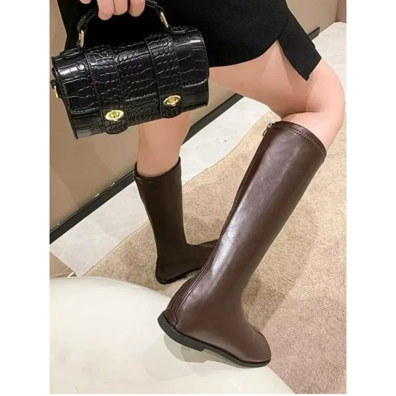 Street Style Stretch Women Knee High Boots Fashion Elegant Square Toe Shoes Women's Modern Flats Long Booties