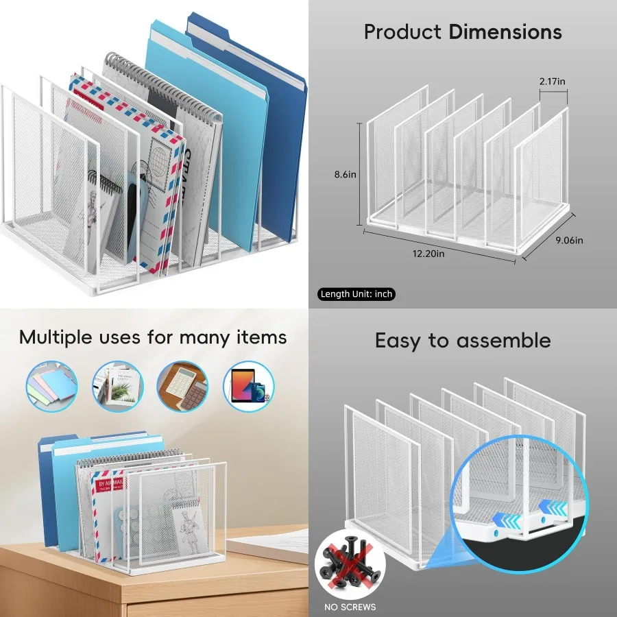 

5-секционный вертикальный сортировщик файлов с подставным металлическим держателем для бумаги, органайзером для хранения офиса, дома, класса, белого цвета - эффективный