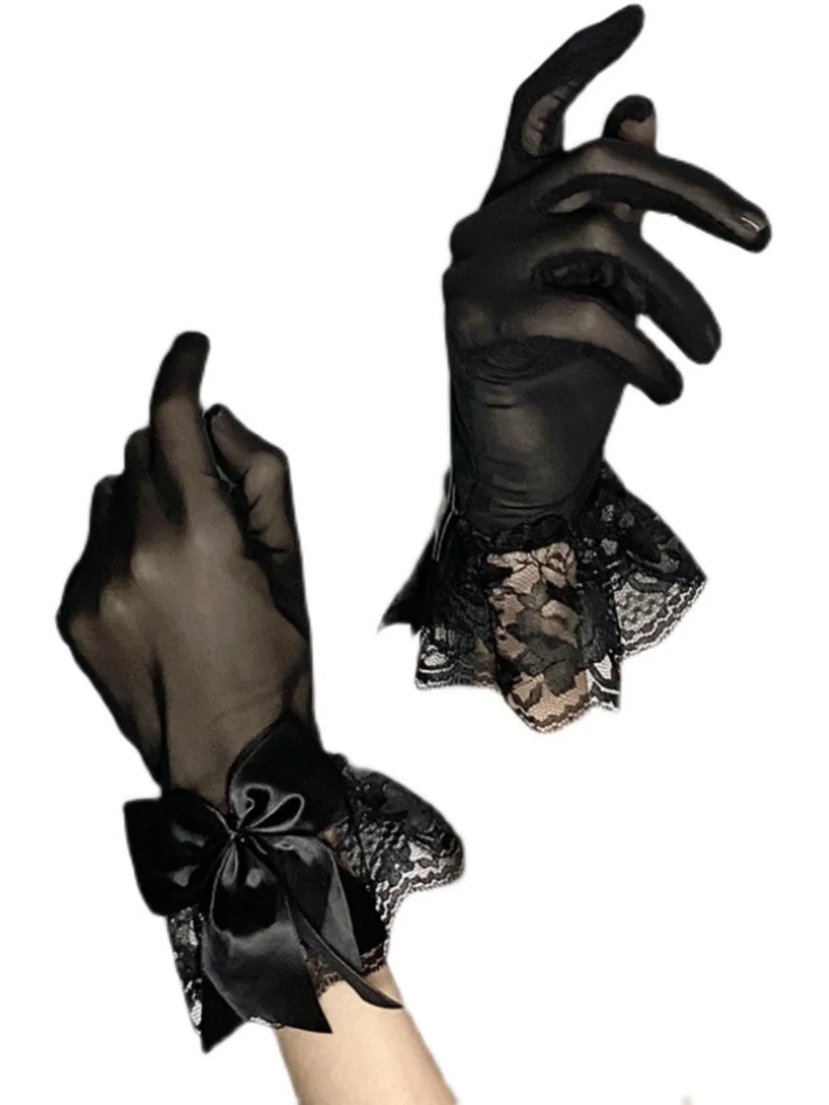 Gants gothiques Lolita avec nœuds en dentelle noire pour femmes