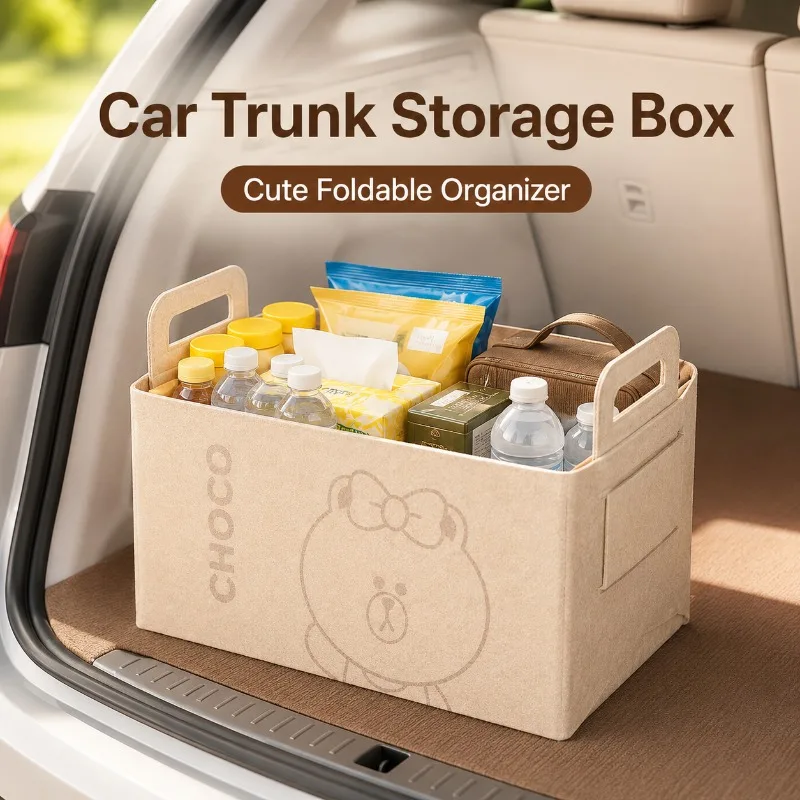 20L Large Felt Trunk Organizer Cute Bear Foldable Storage Basket with Handles for Car Snacks Groceries Toys and Home Essentials