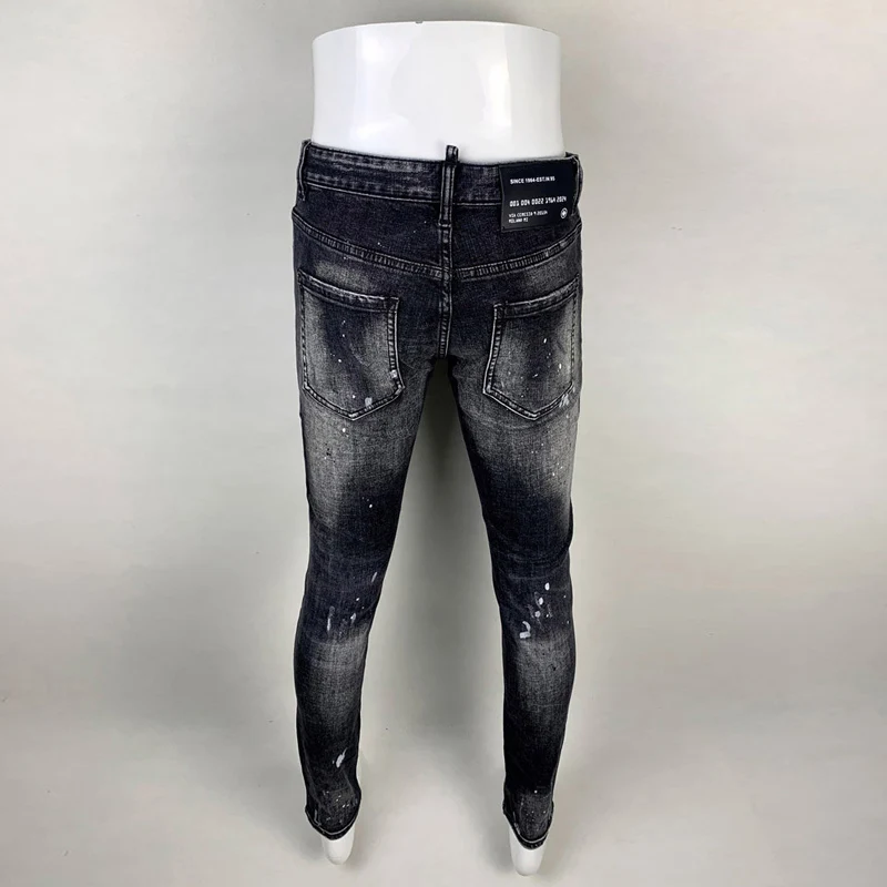 High Street Fashion Men Jeans Retro Black Gray Stretch Skinny Fit Patched Ripped Jeans Men Painted Designer Hip Hop Brand Pants