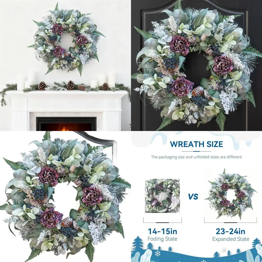 

24-фиолетовый снежный искусственный венок с пионом и зеленью, конусами и ягодами для рождественского декора дверей