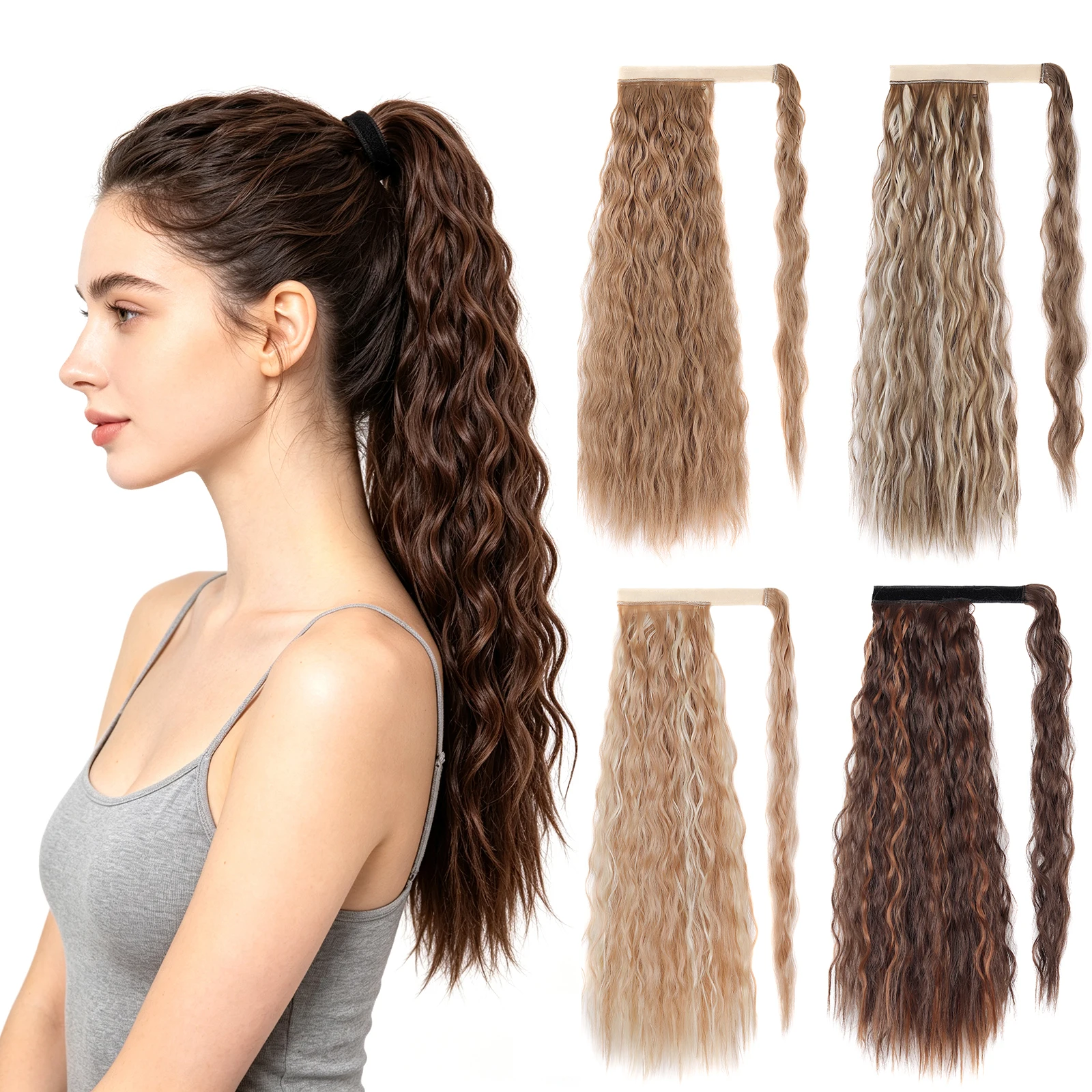 Corn Wave Ponytail Extension, Magic Tape Wrap Around Long Curly Synthetic Ponytails Hair for Ladies Daily Use