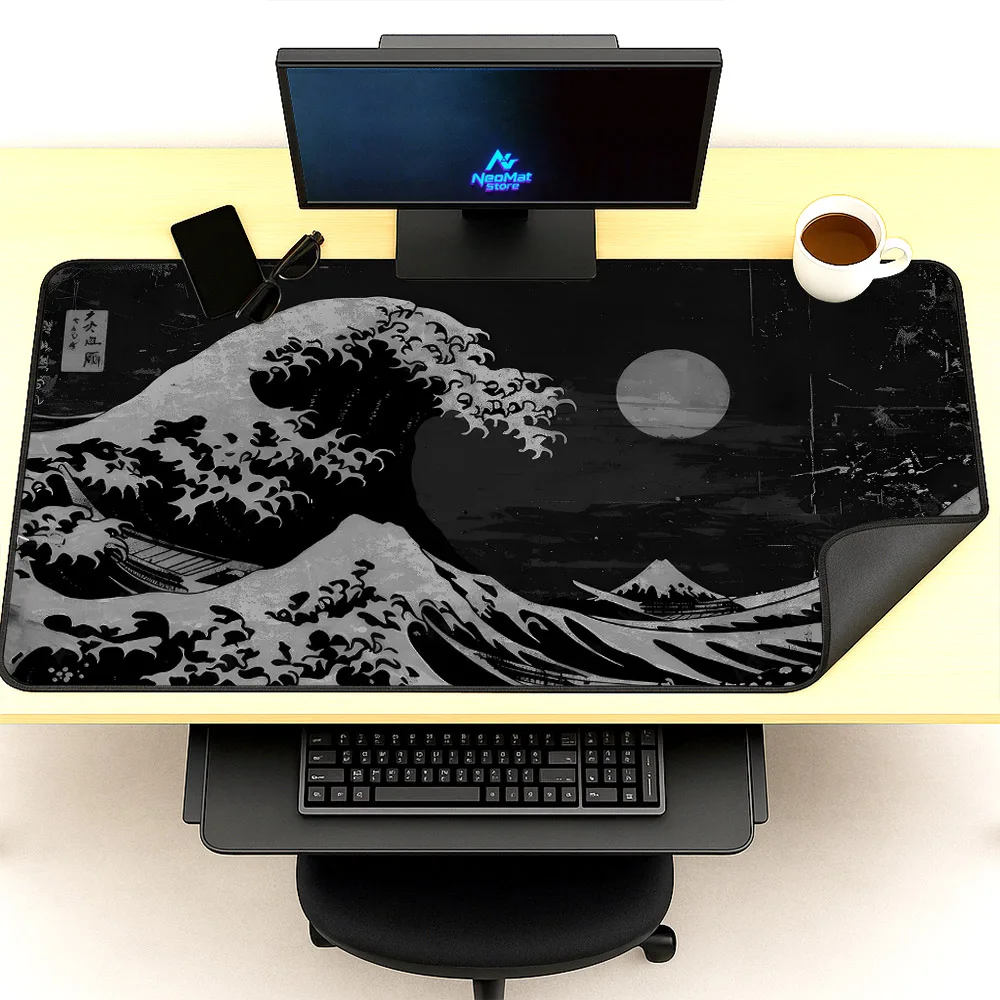 Wave of Kanagawa Keyboard Pad Gaming Mouse Pad Office Desk Mat Japanese Black Mousepad Large Gamer Deskpad Office Accessories