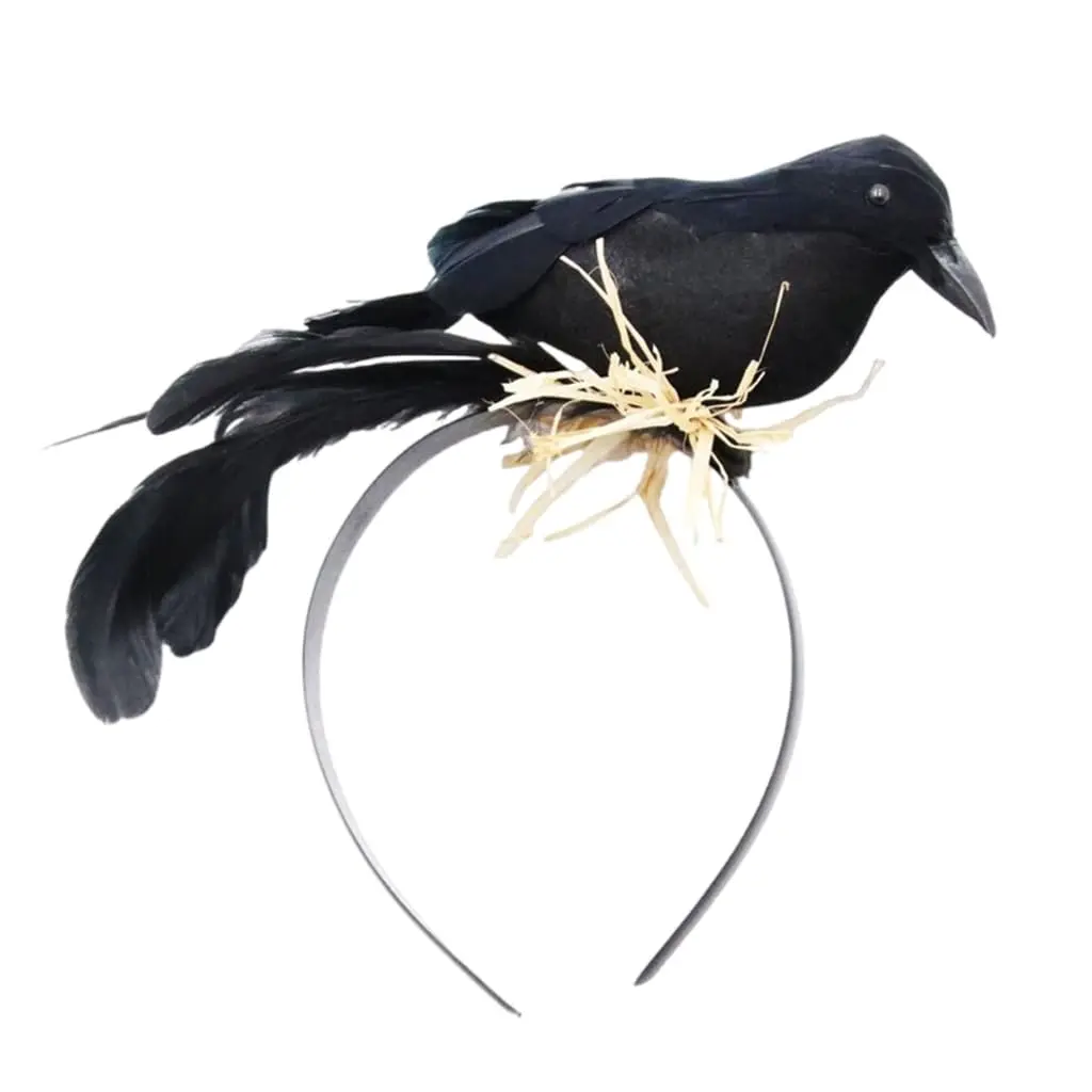 Accessorio per capelli corvo nero con piume creative in stile foresta esagerata di Halloween per costume da festa spettrale