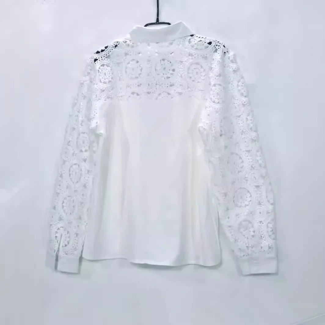 Summer White Lace Shirts Women 2024 Fashion Long Sleeve Hollow Out Loose Tops Femme Elegant Turn-down Collar Ladies New Blouse