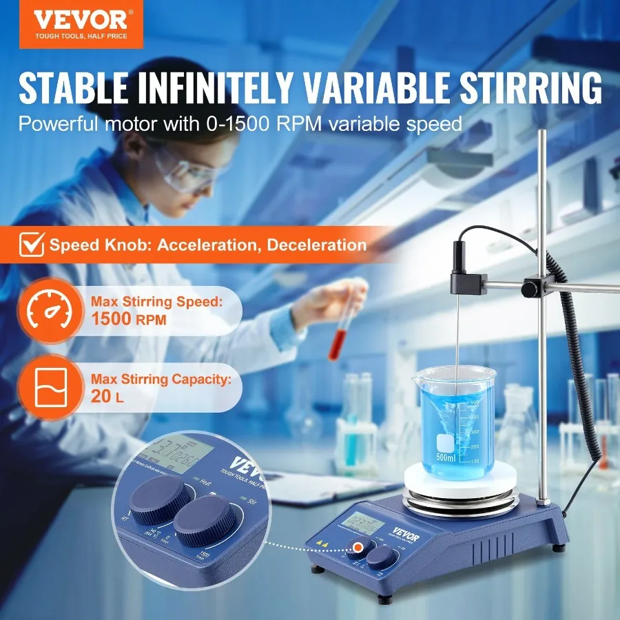 Agitatore magnetico Piastra riscaldante Max 644F 340C 01500 RPM Piastra riscaldante con agitatore magnetico Agitatore a piastra riscaldante da 20 litri con supporto per schermo LED