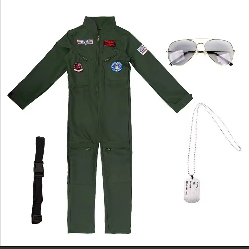 Men’s Pilot Suit  Bodysuit Cosplay American Airforce  Army Green Flight Jumpsuit with Glasses Necklace Party Outfits Uniform