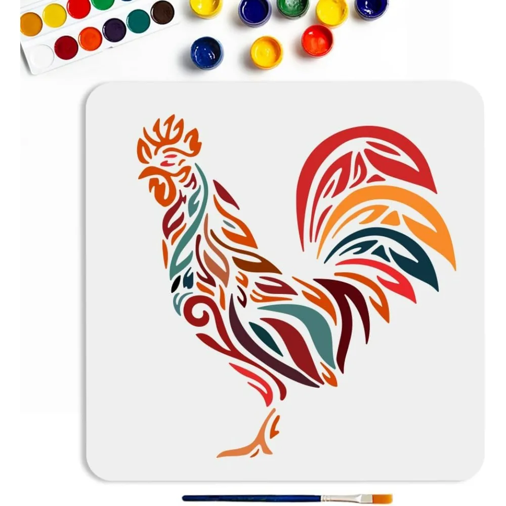 Chicken Stencil 11.8×11.8inch Large Hen Rooster Stencils Template with Paint Brush Reusable Farm Animal Stencil for Painting