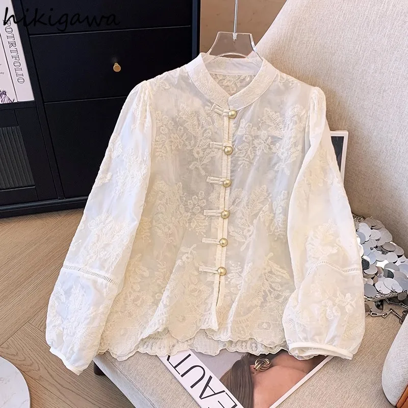 Chinese Style Women Blouses O-neck Long Sleeve Lace Shirts Temperament Single Breasted Loose Embroidery Tops Camisas De Mujer